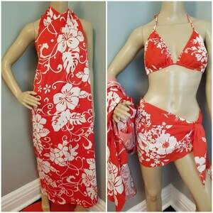 70s Vintage Hilo Hattie Red and White Bikini Swim / Sarong Set - XL